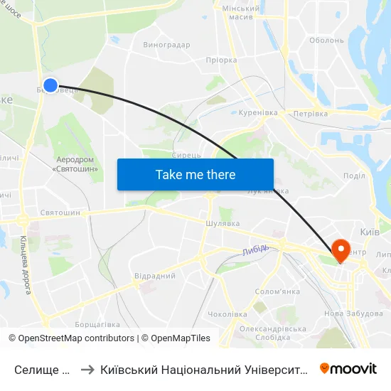 Селище Берковці to Київський Національний Університет Імені Тараса Шевченка map