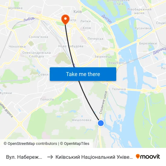 Вул. Набережно-Корчуватська to Київський Національний Університет Імені Тараса Шевченка map