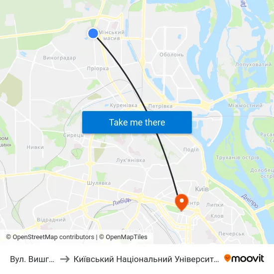 Вул. Вишгородська to Київський Національний Університет Імені Тараса Шевченка map