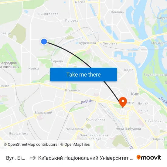 Вул. Білицька to Київський Національний Університет Імені Тараса Шевченка map