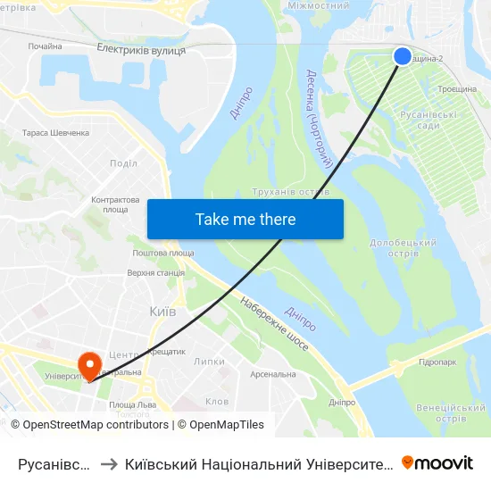 Русанівські Сади to Київський Національний Університет Імені Тараса Шевченка map
