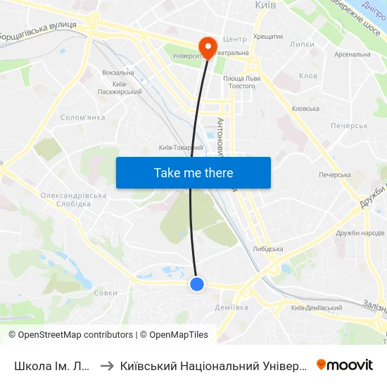 Школа Ім. Лобановського to Київський Національний Університет Імені Тараса Шевченка map