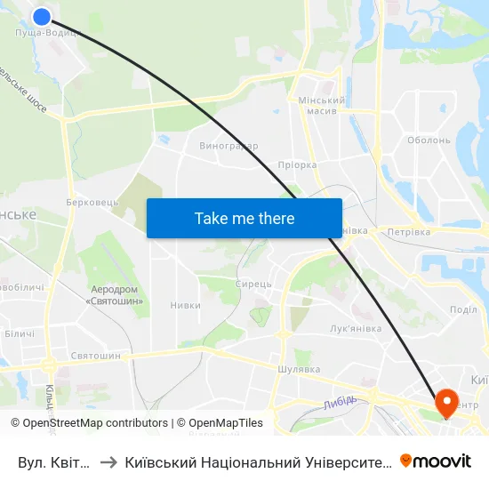 Вул. Квітки Цісик to Київський Національний Університет Імені Тараса Шевченка map