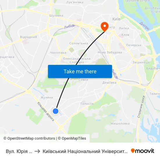 Вул. Юрія Смолича to Київський Національний Університет Імені Тараса Шевченка map