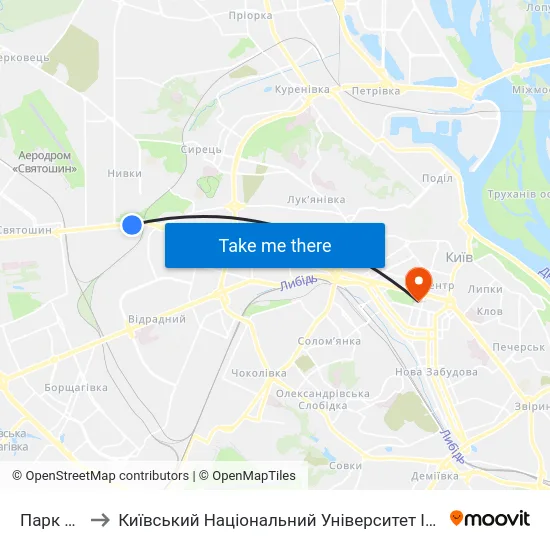 Парк Нивки to Київський Національний Університет Імені Тараса Шевченка map