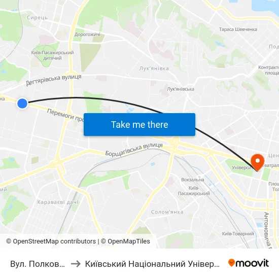 Вул. Полковника Шутова to Київський Національний Університет Імені Тараса Шевченка map
