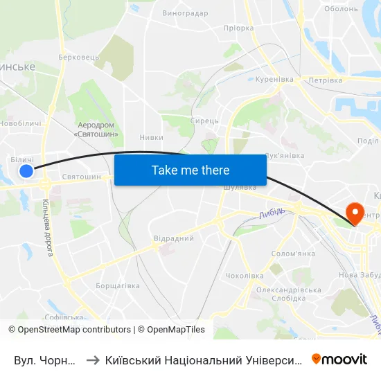 Вул. Чорнобильська to Київський Національний Університет Імені Тараса Шевченка map