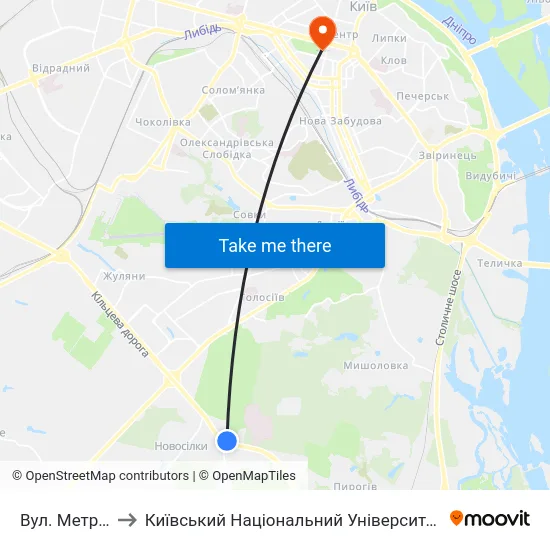 Вул. Метрологічна to Київський Національний Університет Імені Тараса Шевченка map