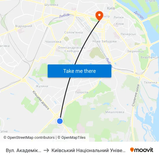 Вул. Академіка Заболотного to Київський Національний Університет Імені Тараса Шевченка map