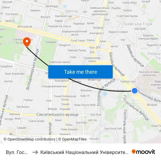 Вул. Госпітальна to Київський Національний Університет Імені Тараса Шевченка map
