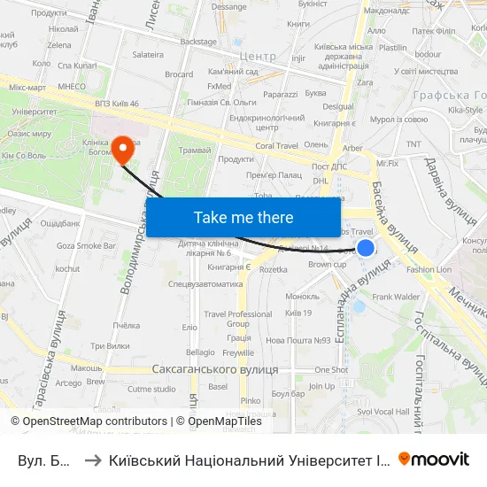 Вул. Басейна to Київський Національний Університет Імені Тараса Шевченка map