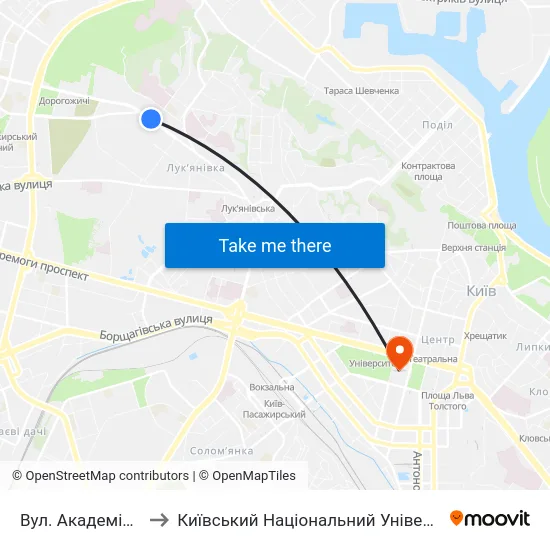 Вул. Академіка Ромоданова to Київський Національний Університет Імені Тараса Шевченка map
