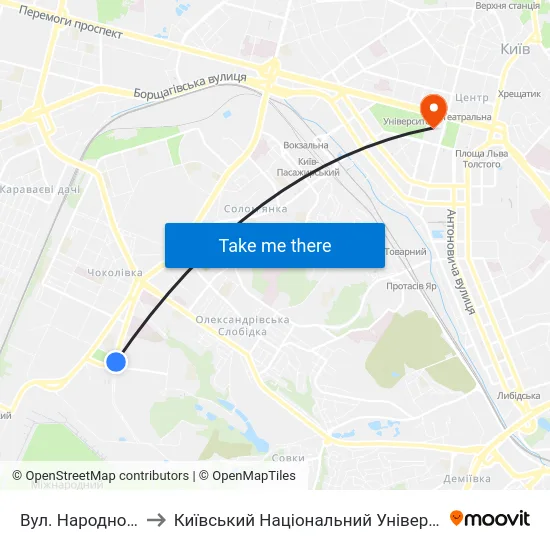 Вул. Народного Ополчення to Київський Національний Університет Імені Тараса Шевченка map