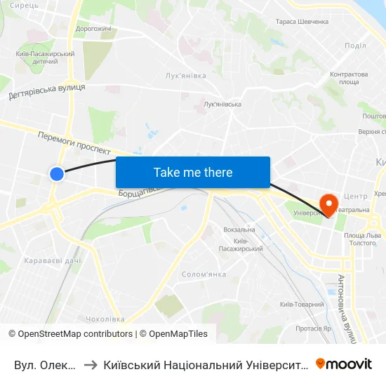 Вул. Олекси Тихого to Київський Національний Університет Імені Тараса Шевченка map