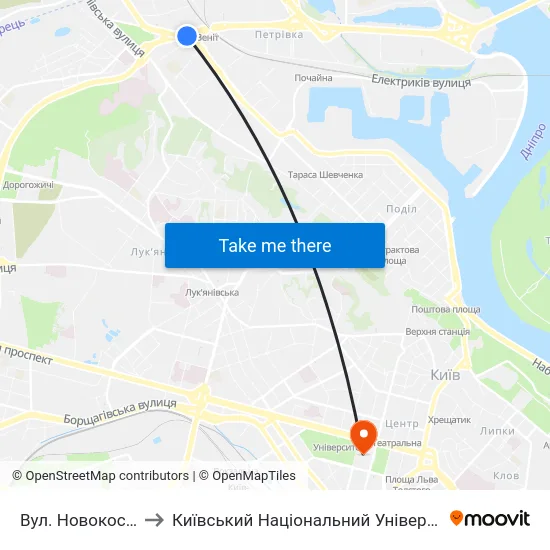Вул. Новокостянтинівська to Київський Національний Університет Імені Тараса Шевченка map