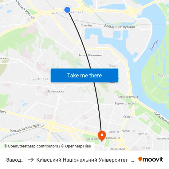 Завод Маяк to Київський Національний Університет Імені Тараса Шевченка map