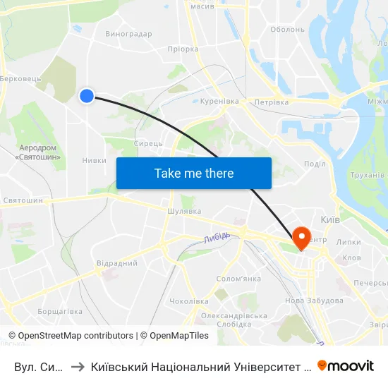 Вул. Сирецька to Київський Національний Університет Імені Тараса Шевченка map