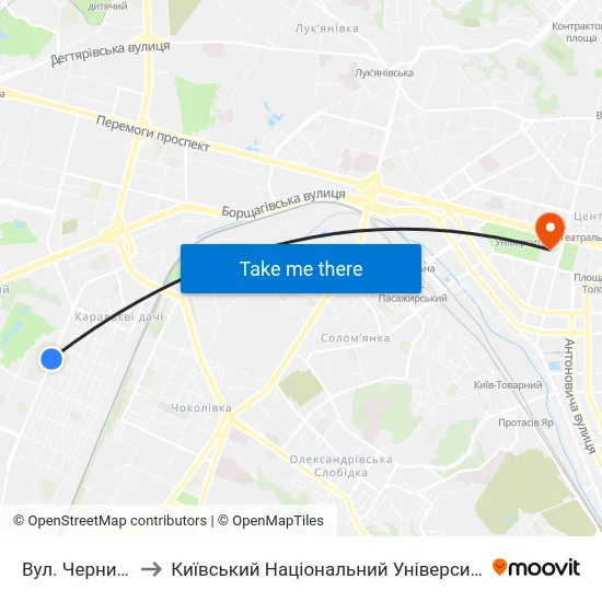 Вул. Чернишевського to Київський Національний Університет Імені Тараса Шевченка map
