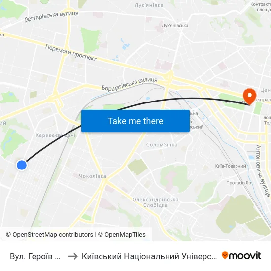 Вул. Героїв Севастополя to Київський Національний Університет Імені Тараса Шевченка map