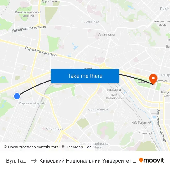 Вул. Гарматна to Київський Національний Університет Імені Тараса Шевченка map