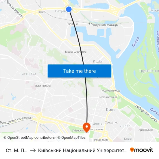 Ст. М. Почайна to Київський Національний Університет Імені Тараса Шевченка map