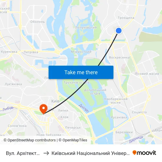 Вул. Архітектора Ніколаєва to Київський Національний Університет Імені Тараса Шевченка map