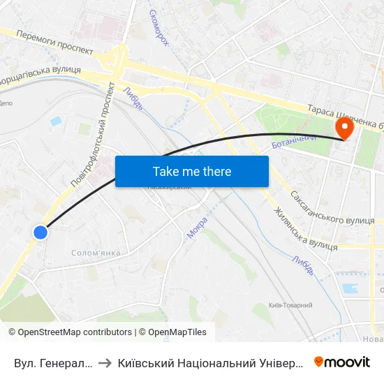 Вул. Генерала Воробйова to Київський Національний Університет Імені Тараса Шевченка map