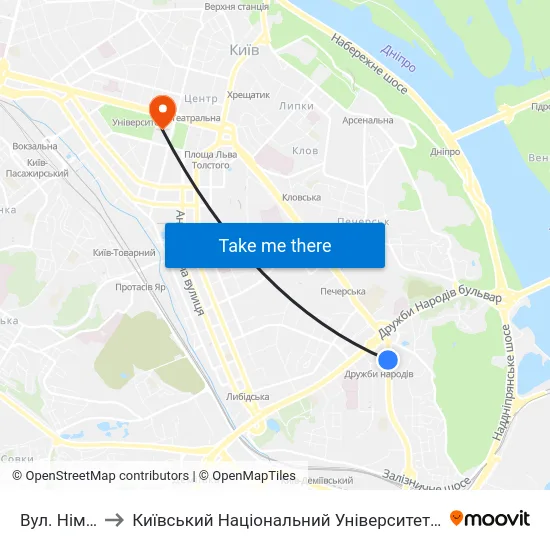 Вул. Німанська to Київський Національний Університет Імені Тараса Шевченка map