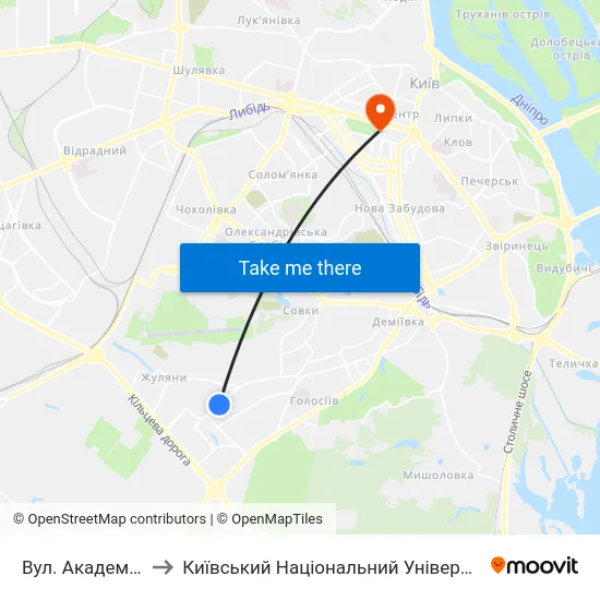 Вул. Академіка Вільямса to Київський Національний Університет Імені Тараса Шевченка map