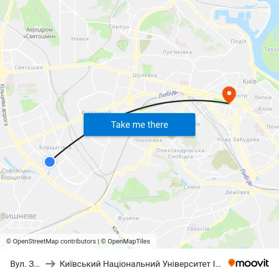 Вул. Зодчих to Київський Національний Університет Імені Тараса Шевченка map