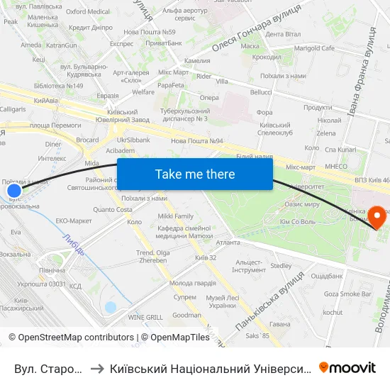 Вул. Старовокзальна to Київський Національний Університет Імені Тараса Шевченка map