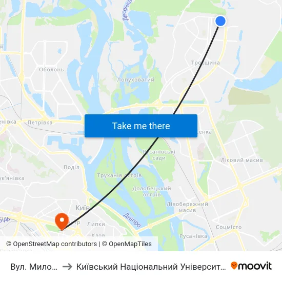 Вул. Милославська to Київський Національний Університет Імені Тараса Шевченка map