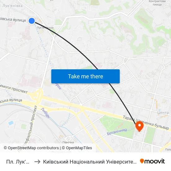 Пл. Лук'Янівська to Київський Національний Університет Імені Тараса Шевченка map