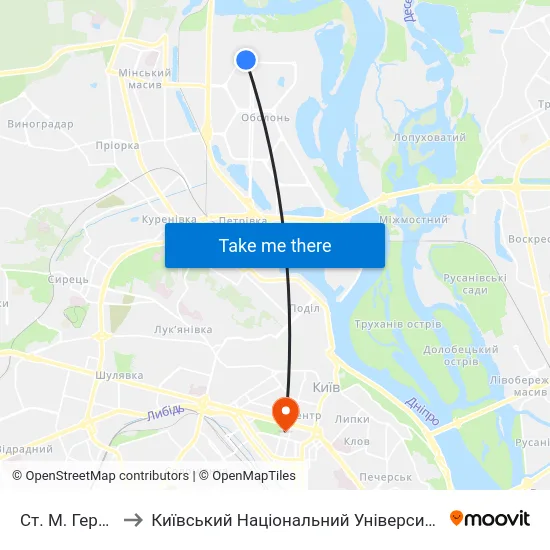 Ст. М. Героїв Дніпра to Київський Національний Університет Імені Тараса Шевченка map