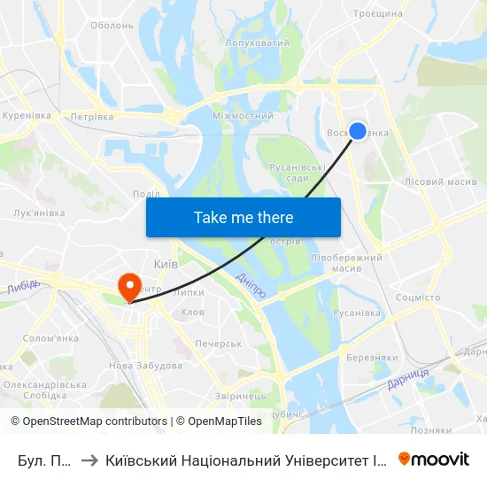 Бул. Перова to Київський Національний Університет Імені Тараса Шевченка map