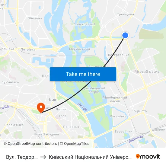 Вул. Теодора Драйзера to Київський Національний Університет Імені Тараса Шевченка map