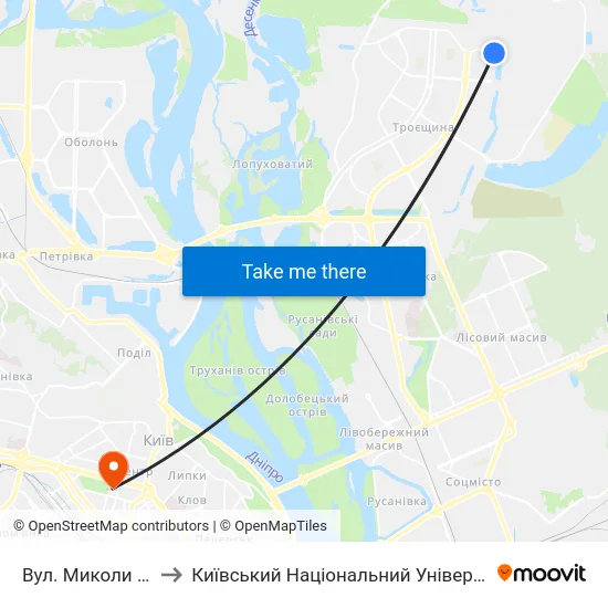 Вул. Миколи Закревського to Київський Національний Університет Імені Тараса Шевченка map