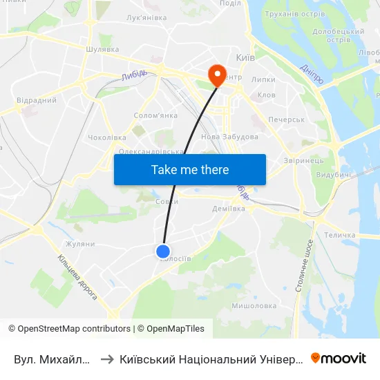 Вул. Михайла Ломоносова to Київський Національний Університет Імені Тараса Шевченка map
