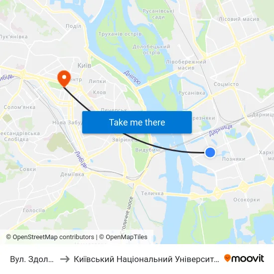 Вул. Здолбунівська to Київський Національний Університет Імені Тараса Шевченка map