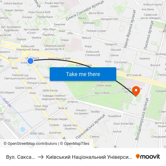 Вул. Саксаганського to Київський Національний Університет Імені Тараса Шевченка map