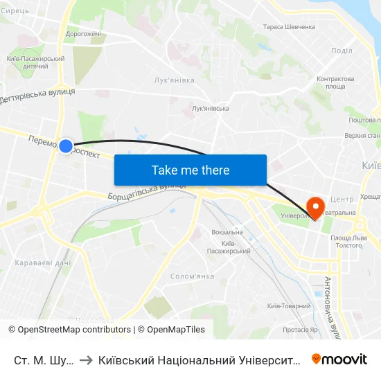 Ст. М. Шулявська to Київський Національний Університет Імені Тараса Шевченка map