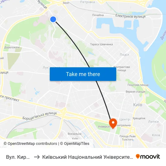 Вул. Кирилівська to Київський Національний Університет Імені Тараса Шевченка map