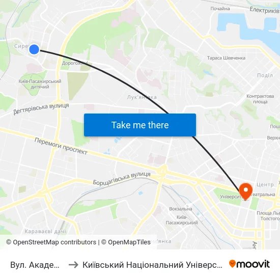 Вул. Академіка Щусєва to Київський Національний Університет Імені Тараса Шевченка map