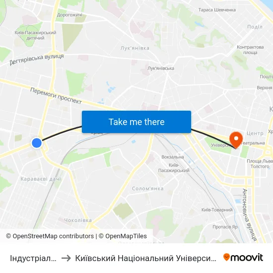 Індустріальний Міст to Київський Національний Університет Імені Тараса Шевченка map