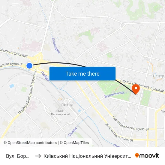 Вул. Борщагівська to Київський Національний Університет Імені Тараса Шевченка map