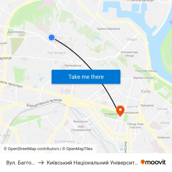 Вул. Багговутівська to Київський Національний Університет Імені Тараса Шевченка map