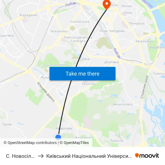 С. Новосілки (Центр) to Київський Національний Університет Імені Тараса Шевченка map