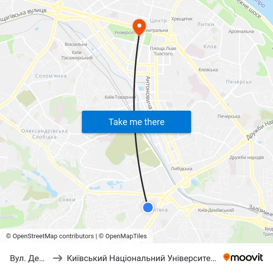 Вул. Деміївська to Київський Національний Університет Імені Тараса Шевченка map