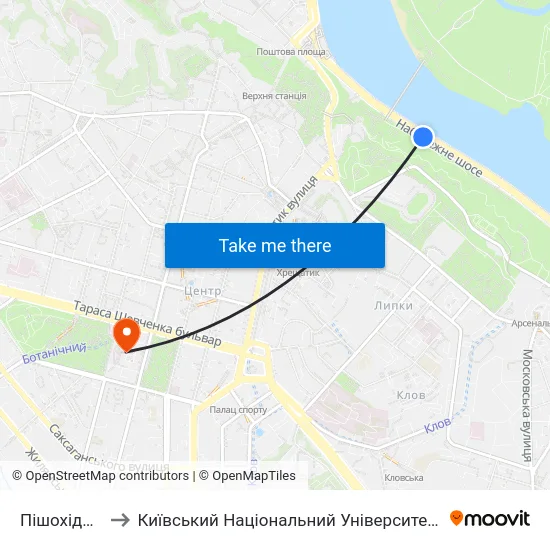 Пішохідний Міст to Київський Національний Університет Імені Тараса Шевченка map