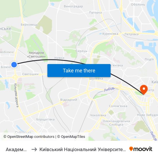 Академмістечко to Київський Національний Університет Імені Тараса Шевченка map